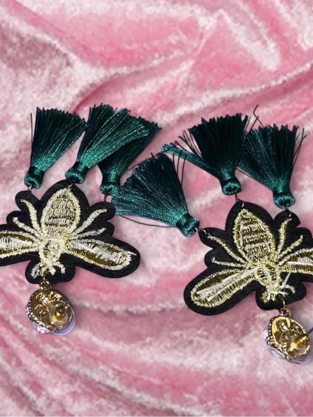 Embroidered Bee Tassel Earrings